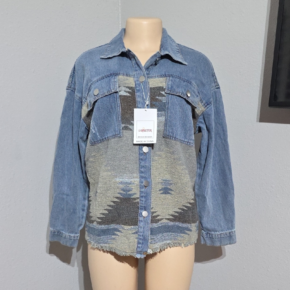 Lumister Denim Jacket - Blue & Gray Plaid Detail Size S